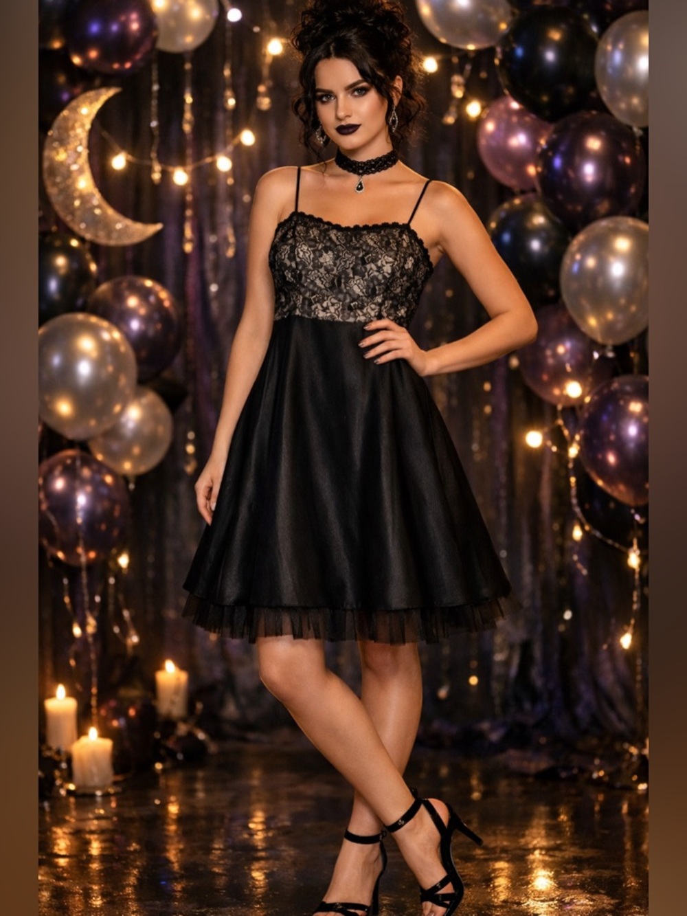 Whimsigoth Midi Jump Black Prom Dress Lace Cocktail spaghetti strap VTG